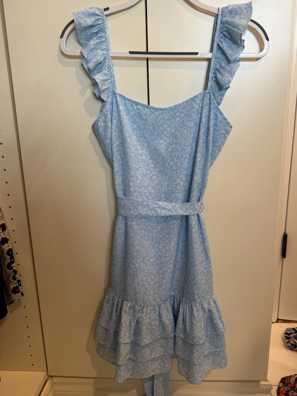 Likely Light Blue Floral Ruffle Strap Dress